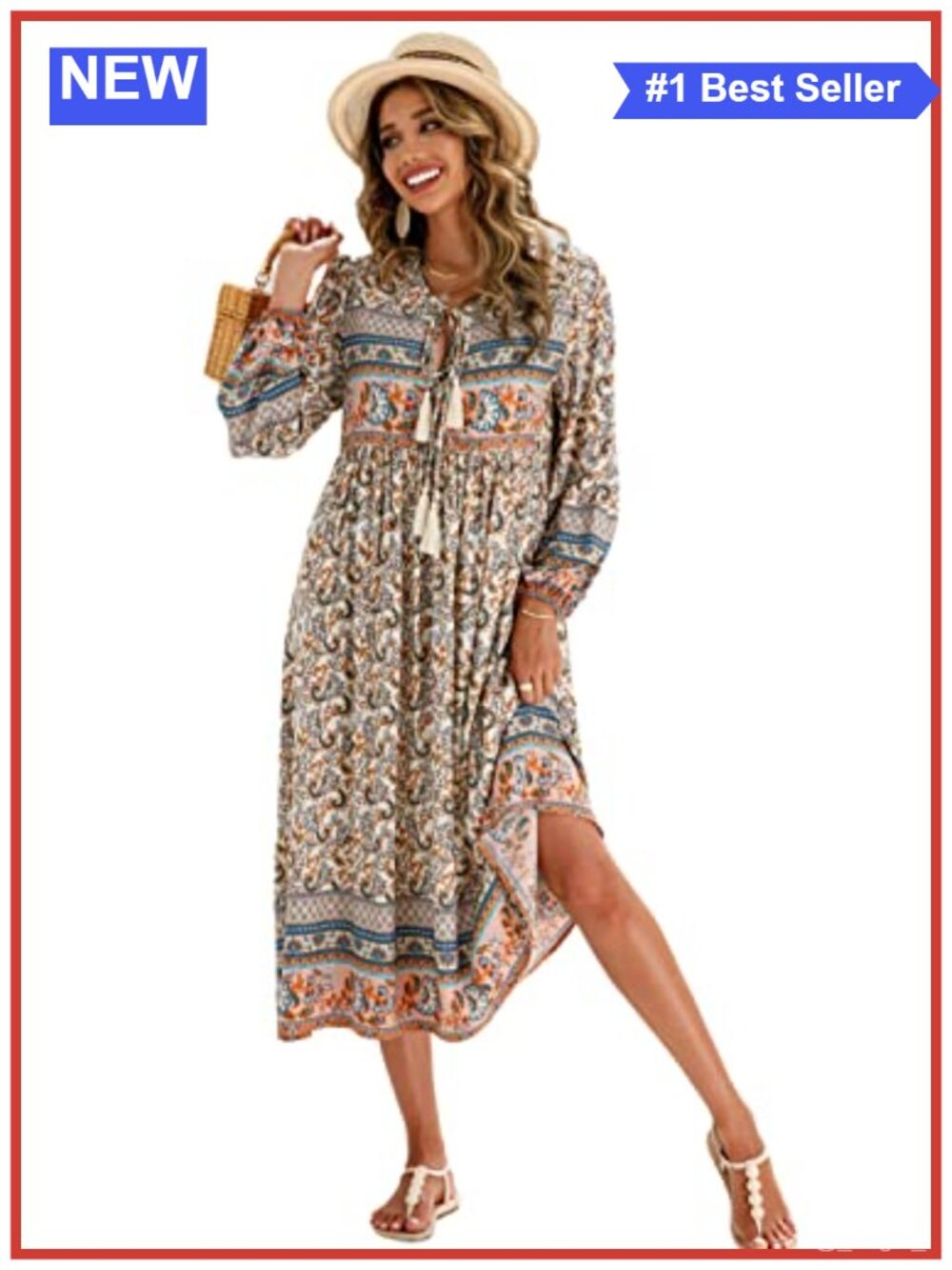 R.Vivimos Women's Long Sleeve Boho Floral Midi Dress V-Neck Casual